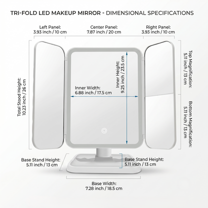 LED Tri-Fold Vanity Makeup Mirror with Adjustable Lighting & Magnification Panels