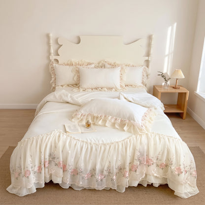 3-Piece Floral Lace Embroidered Ruffle Duvet Cover Set