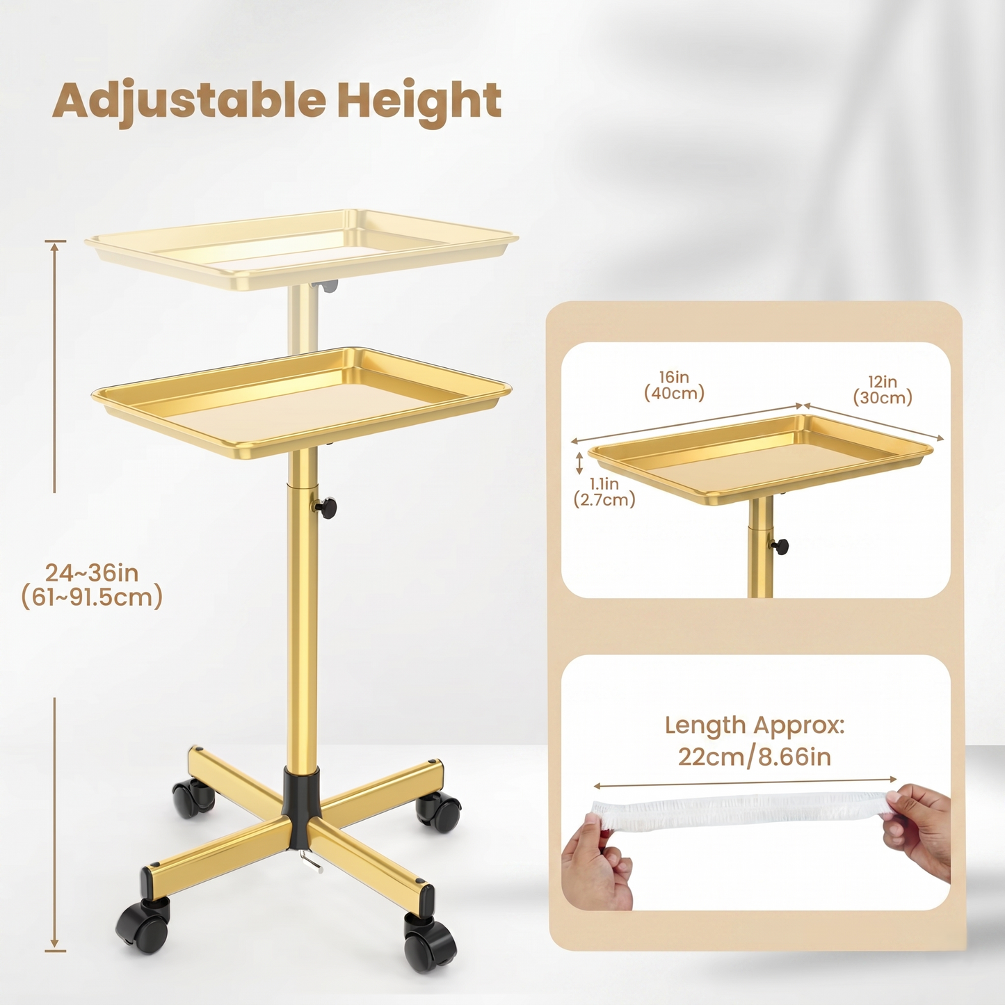 Kovelli™ Adjustable Rolling Salon Tray Cart With Protective Covers