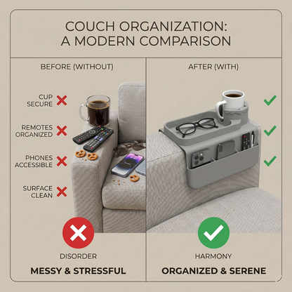 Premium Couch Arm Organizer Tray with Cup Holder & Storage Compartments
