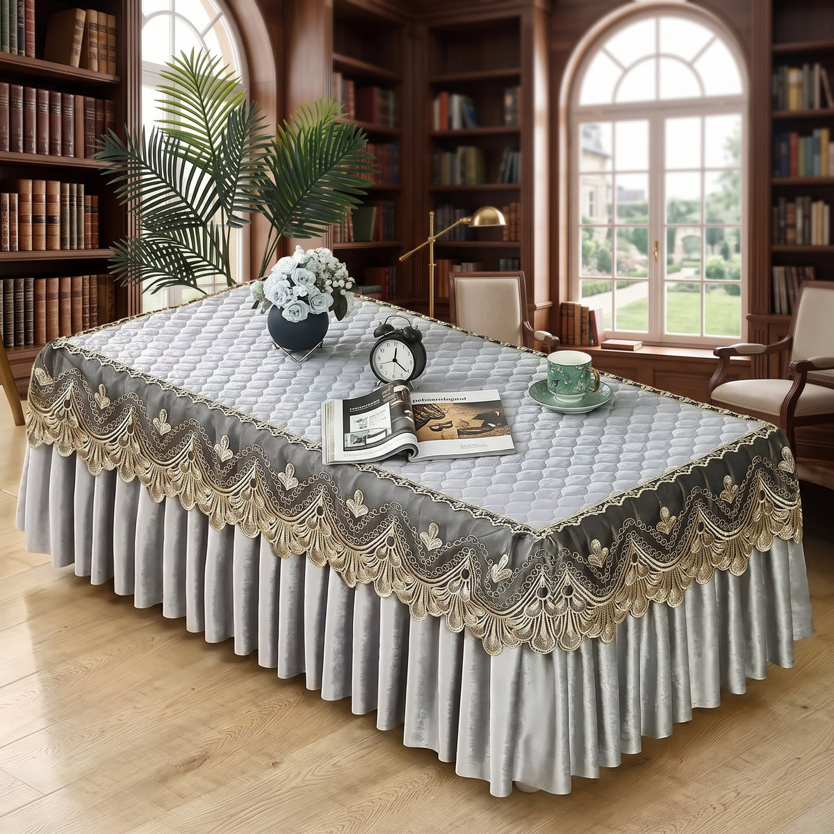 Quilted Velvet Table Cover with Embroidered Lace & Pleated Skirt