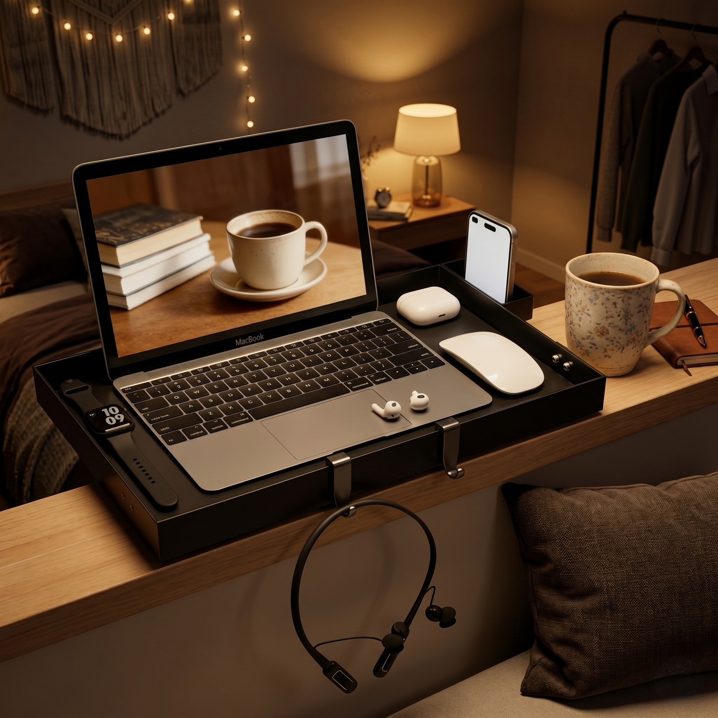 Kovelli™ Clip-On Bedside Shelf Tray – Space Saving Bed Organizer for Laptop, Phone & Drinks