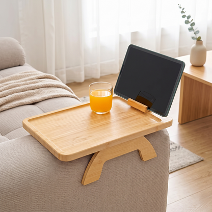 Bamboo Couch Arm Tray Table With Rotating Phone Holder