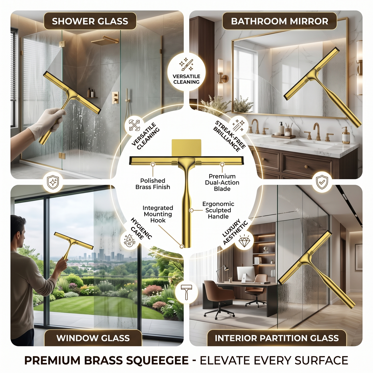 Kovelli Brass Shower Glass Squeegee With Wall Mount Hook
