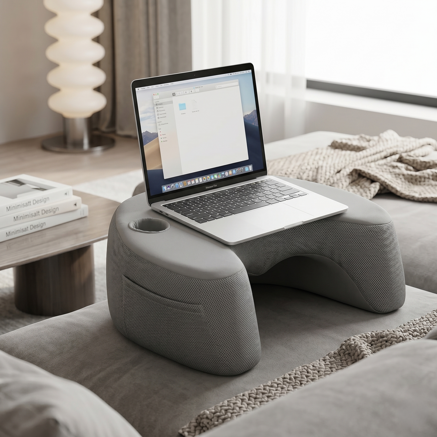 Ergonomic Lap Desk Pillow with Arm Support, Cup Holder & Side Pockets
