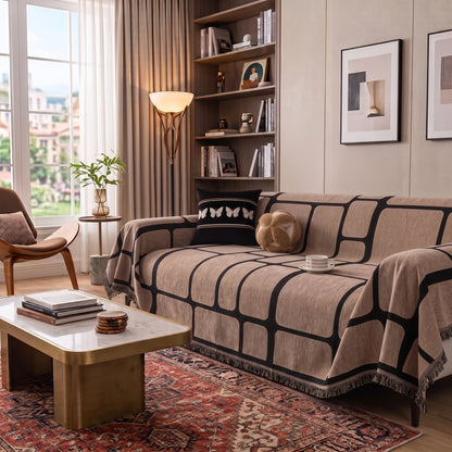 Geometric Jacquard Drape-Style Sofa Cover with Fringed Edge