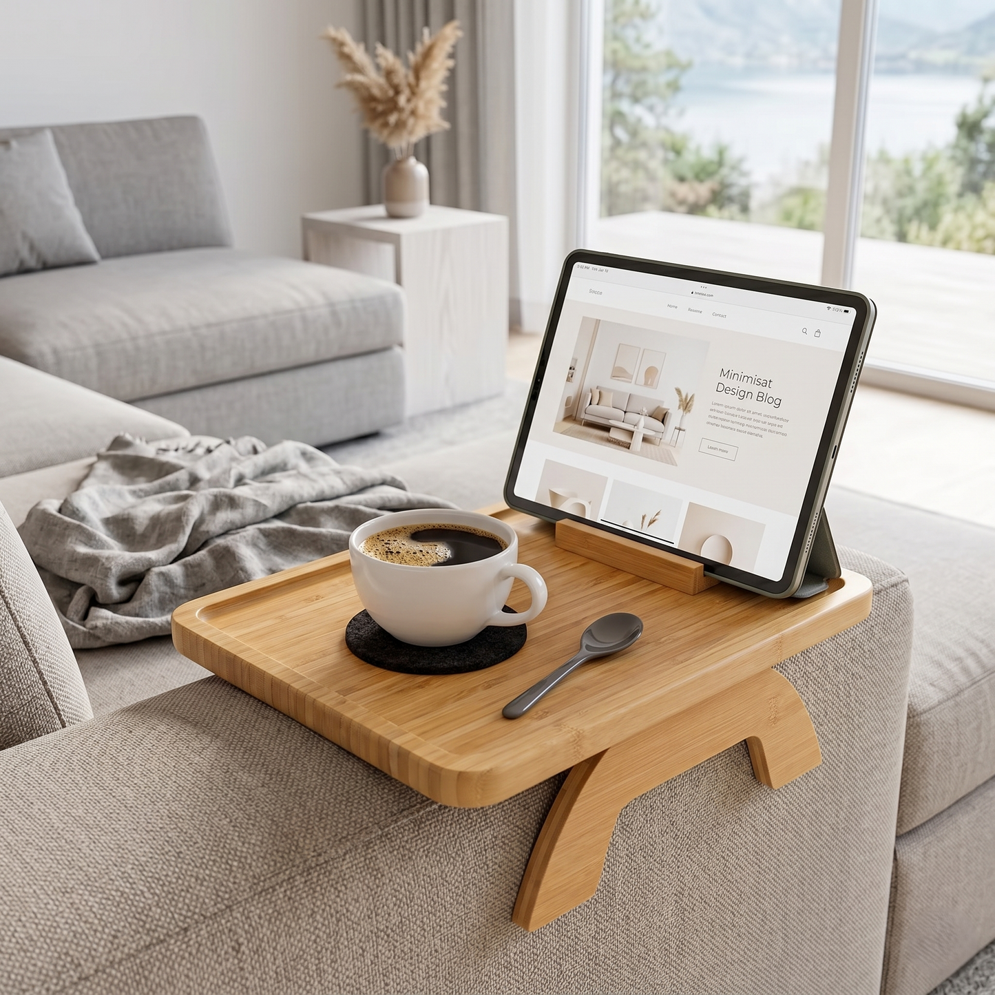 Bamboo Couch Arm Tray Table With Rotating Phone Holder