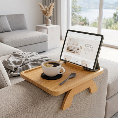Bamboo Couch Arm Tray Table With Rotating Phone Holder