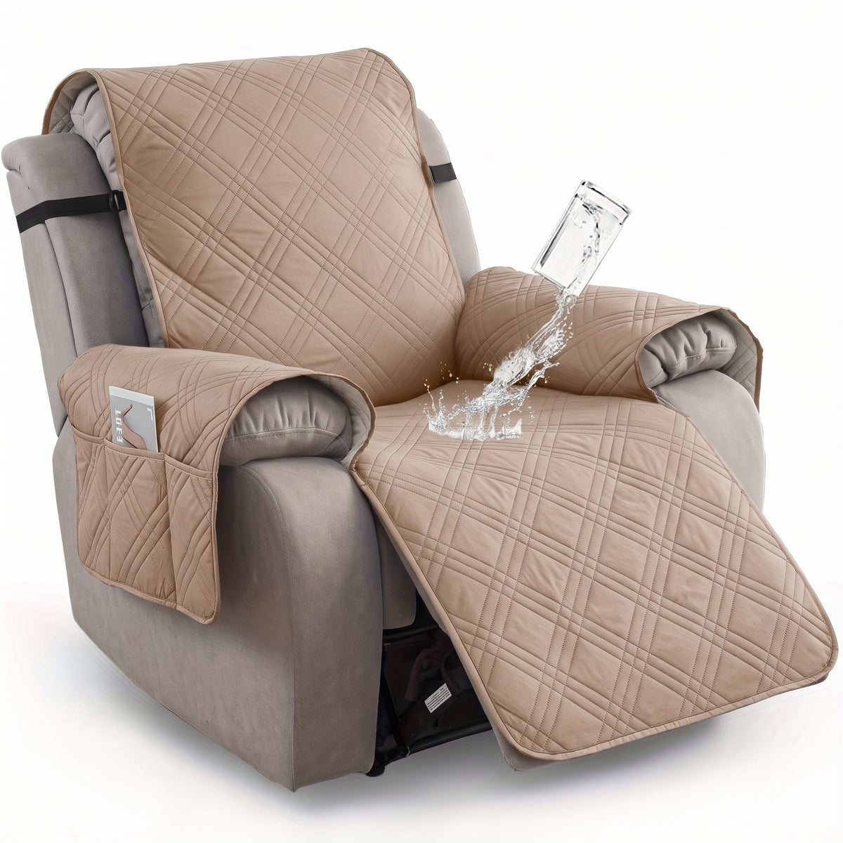 Waterproof Quilted Recliner Chair Cover With Non-Slip Backing & Storage Pockets