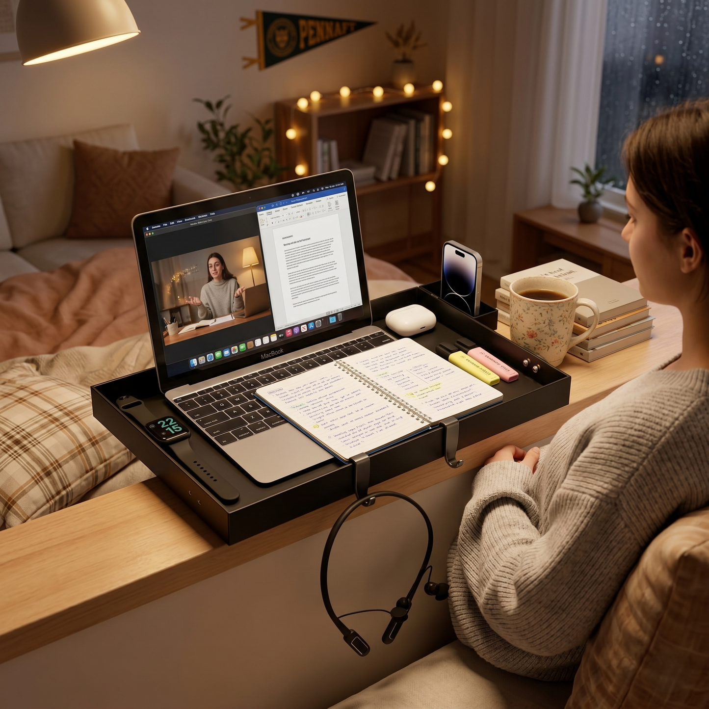 Kovelli™ Clip-On Bedside Shelf Tray – Space Saving Bed Organizer for Laptop, Phone & Drinks