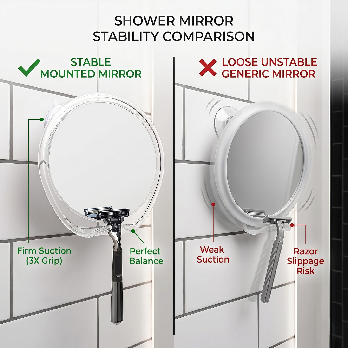 Fog-Free Shower Mirror with Razor Hook & Strong Suction Mount