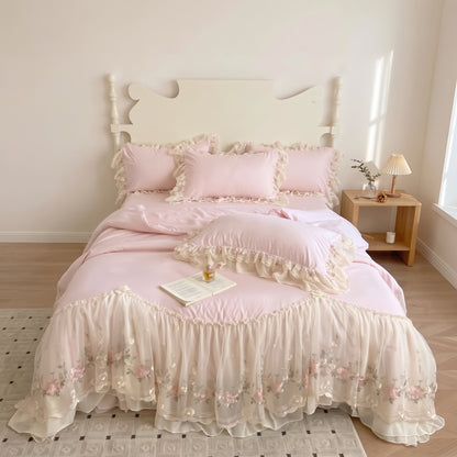 3-Piece Floral Lace Embroidered Ruffle Duvet Cover Set