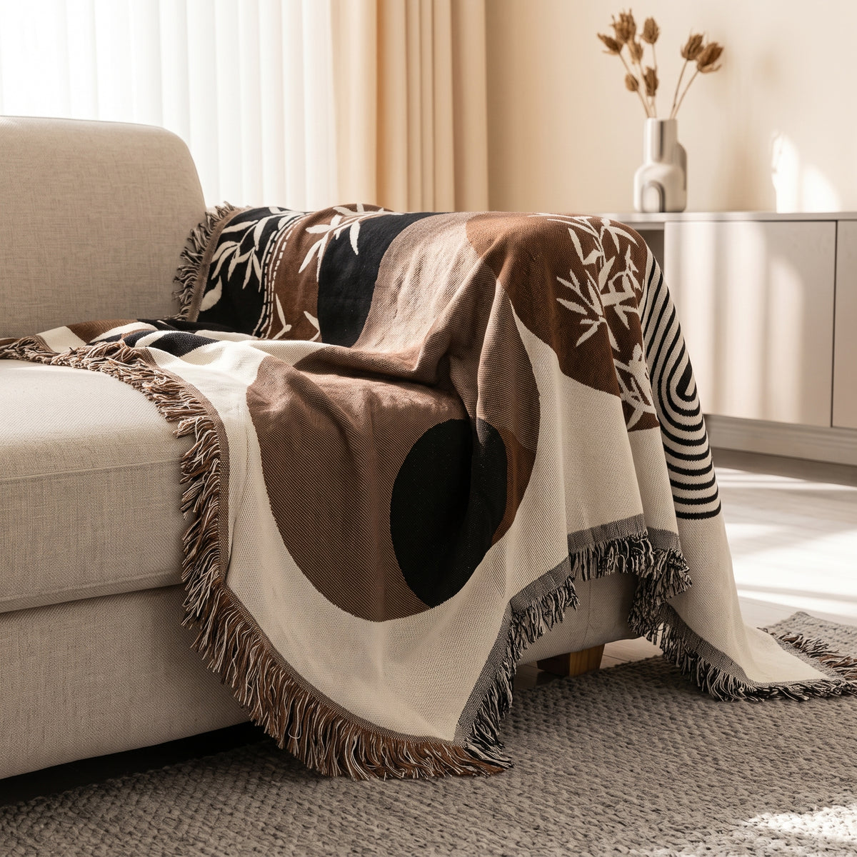 Geometric Anti-Slip Sofa Throw Cover with Tassel Fringe