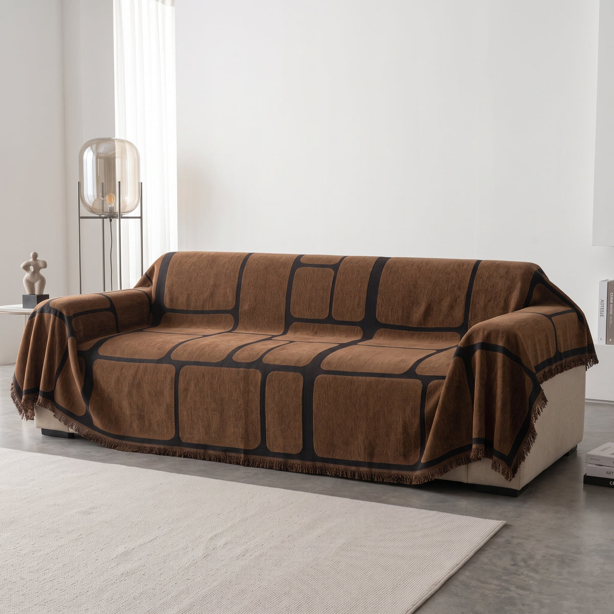 Geometric Jacquard Drape-Style Sofa Cover with Fringed Edge