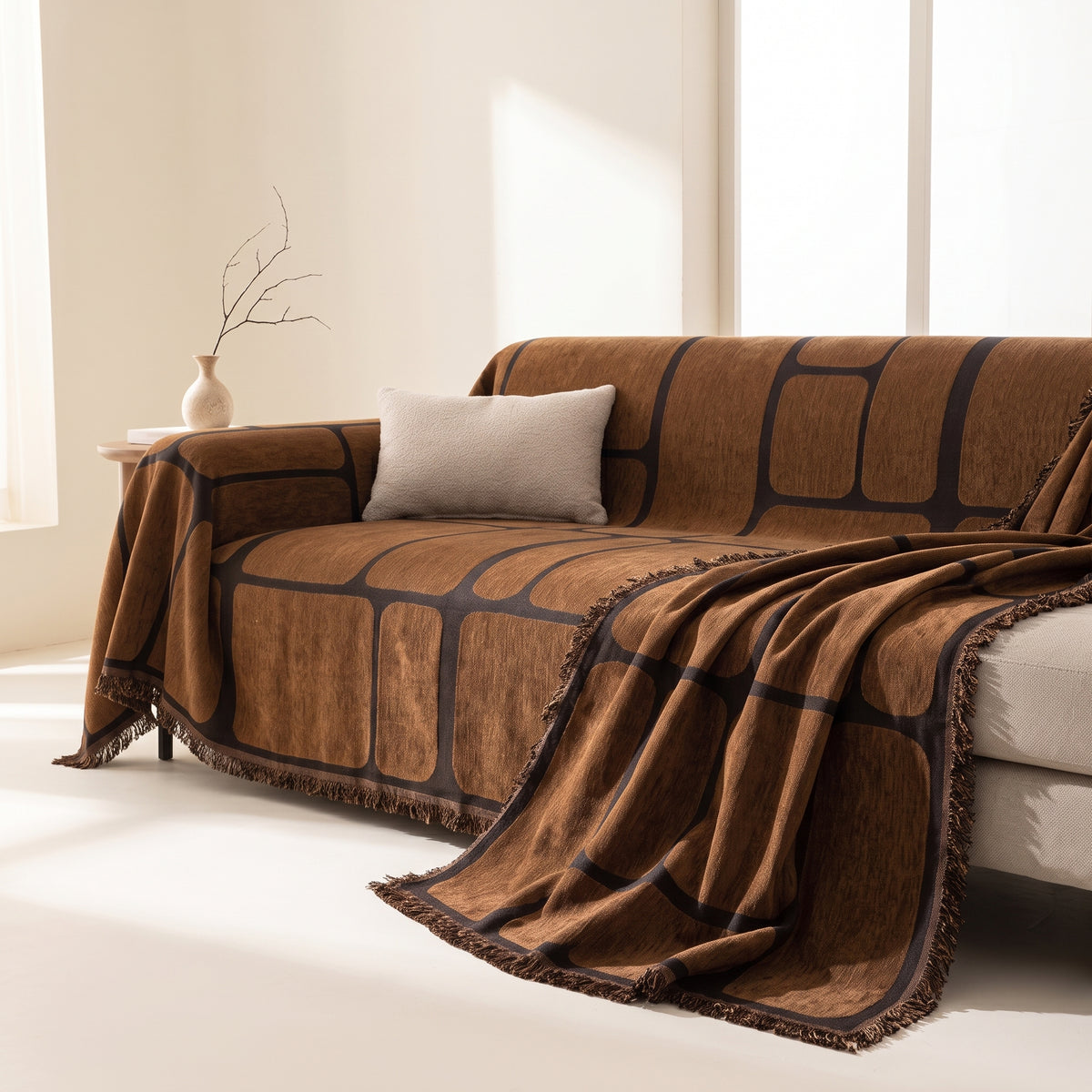 Geometric Jacquard Drape-Style Sofa Cover with Fringed Edge