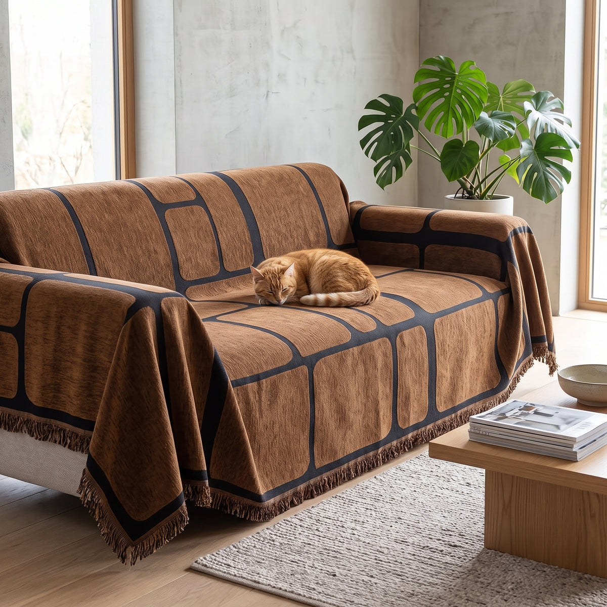 Geometric Jacquard Drape-Style Sofa Cover with Fringed Edge