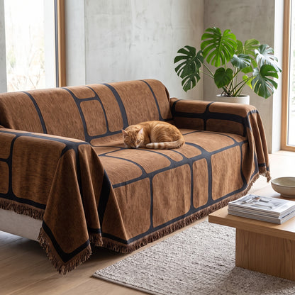 Geometric Jacquard Drape-Style Sofa Cover with Fringed Edge