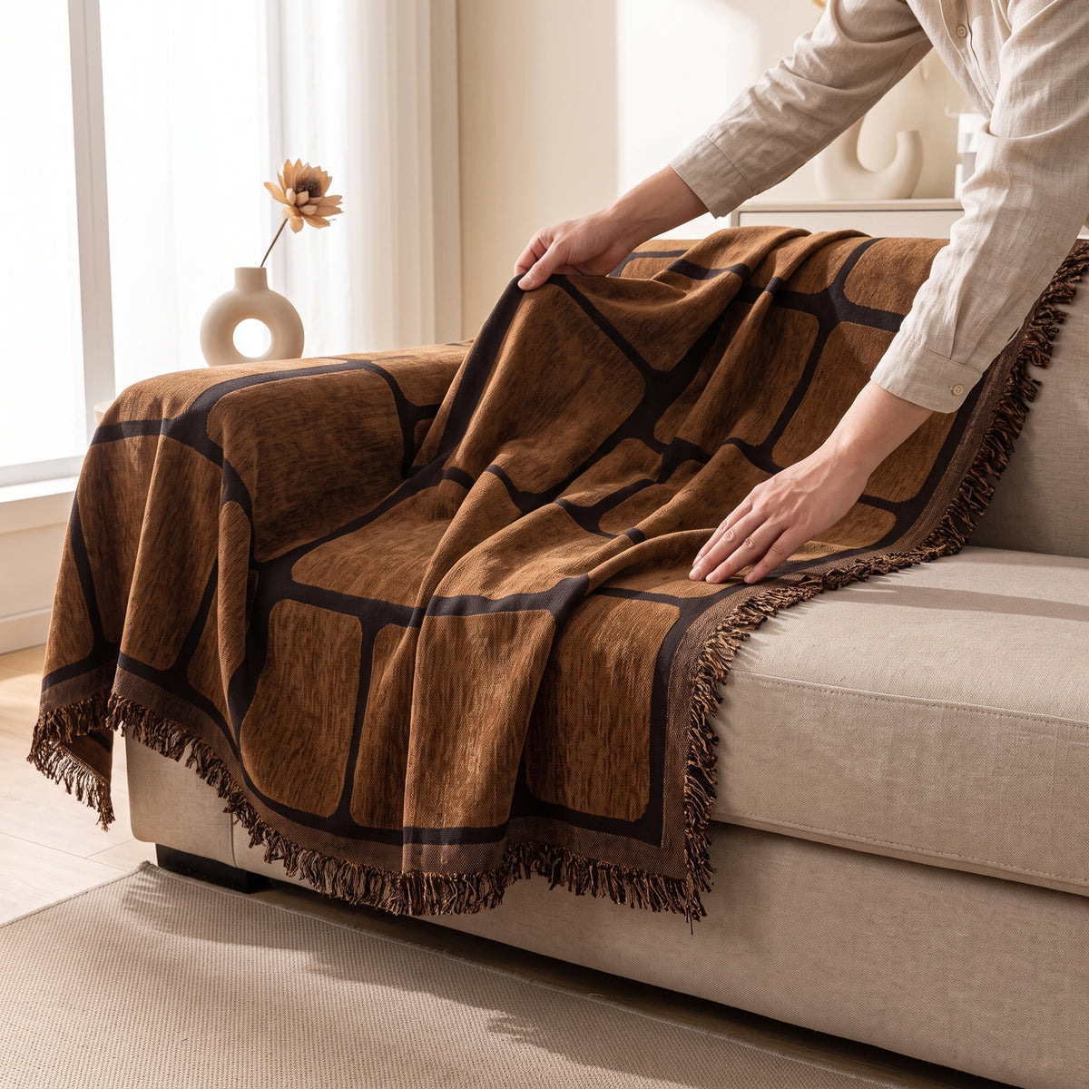 Geometric Jacquard Drape-Style Sofa Cover with Fringed Edge