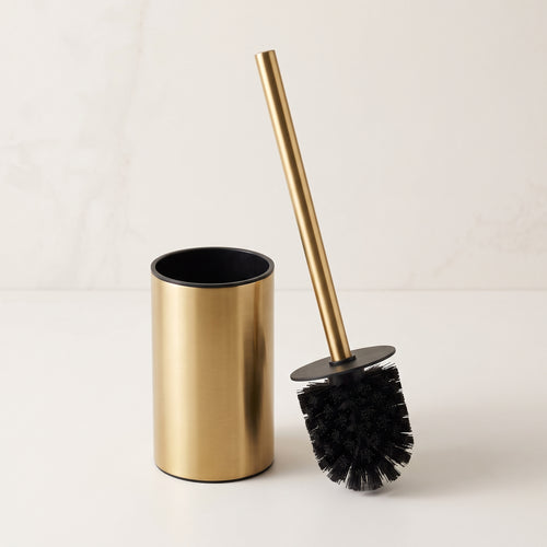 Gold Stainless Steel Toilet Brush with Long Handle & Compact Holder