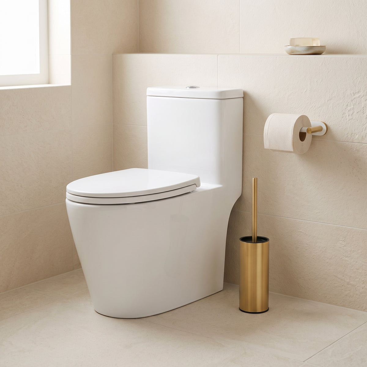 Gold Stainless Steel Toilet Brush with Long Handle & Compact Holder