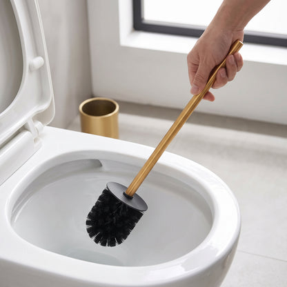 Gold Stainless Steel Toilet Brush with Long Handle & Compact Holder
