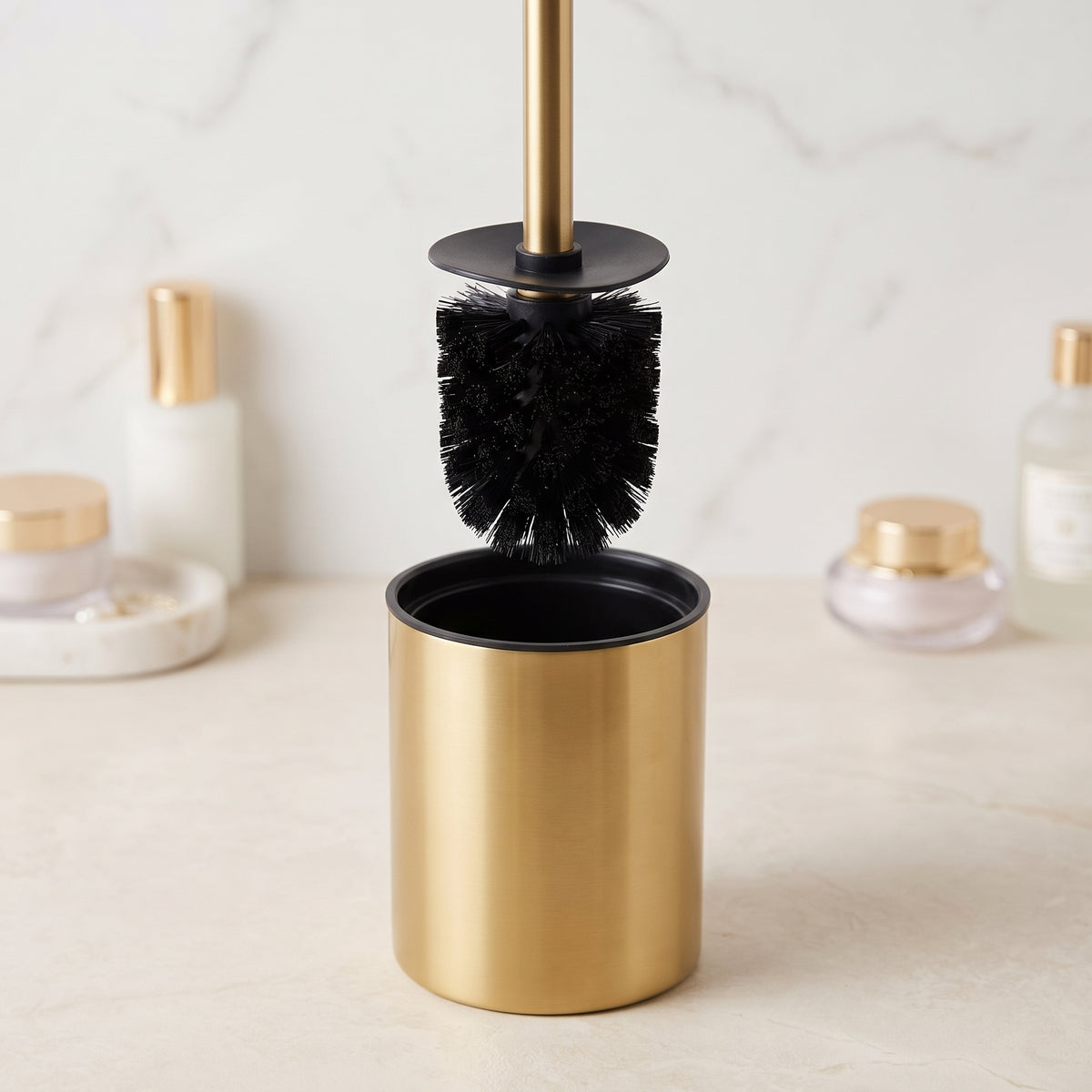 Gold Stainless Steel Toilet Brush with Long Handle & Compact Holder