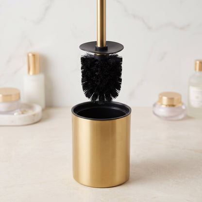 Gold Stainless Steel Toilet Brush with Long Handle & Compact Holder