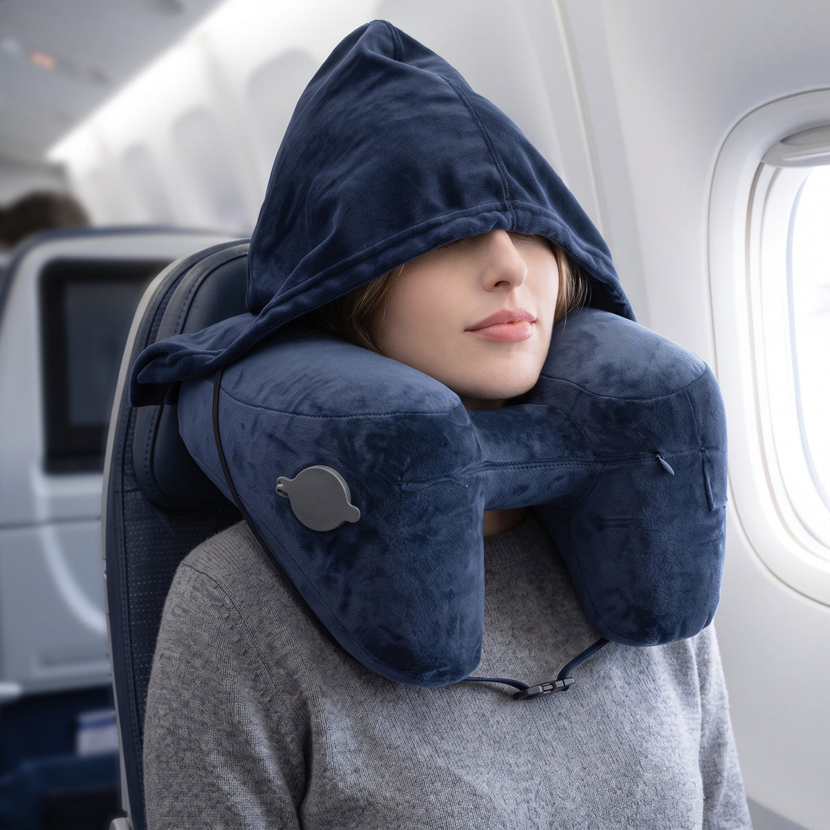 Inflatable Hooded Travel Neck Pillow with Removable Blackout Hood