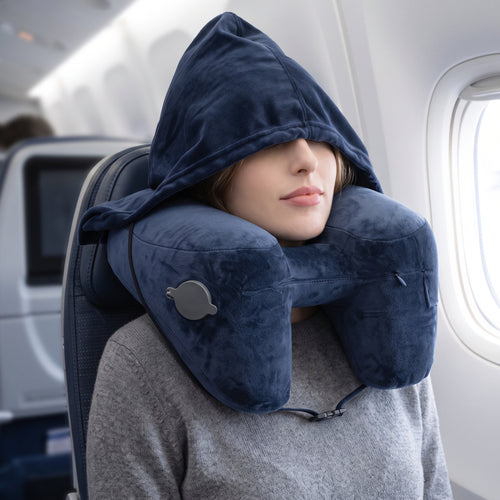 Inflatable Hooded Travel Neck Pillow with Removable Blackout Hood