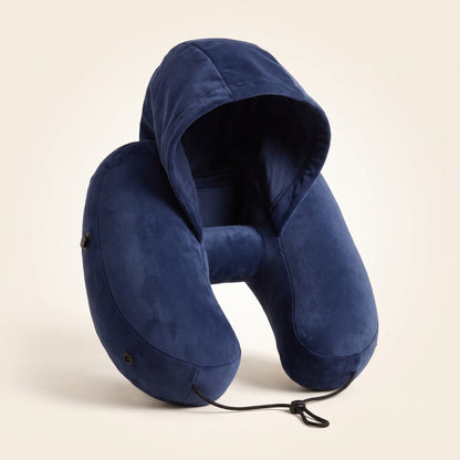 Inflatable Hooded Travel Neck Pillow with Removable Blackout Hood
