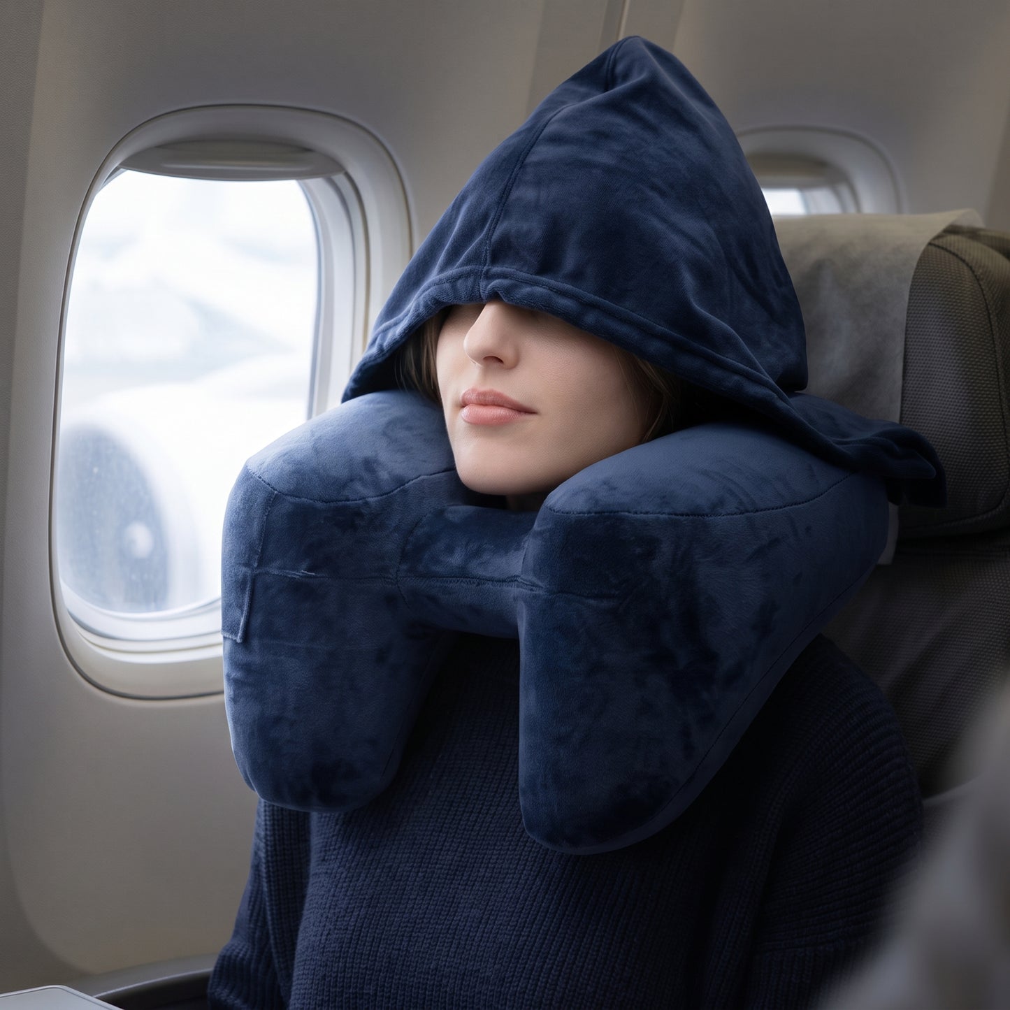 Inflatable Hooded Travel Neck Pillow with Removable Blackout Hood