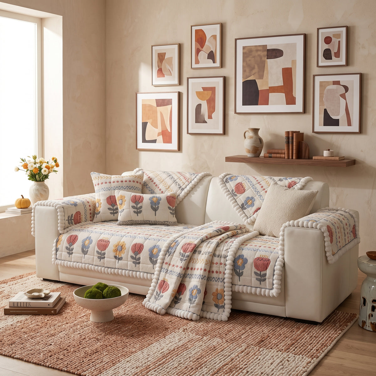 Jacquard Quilted Sofa Protector Cover with Anti-Slip Backing