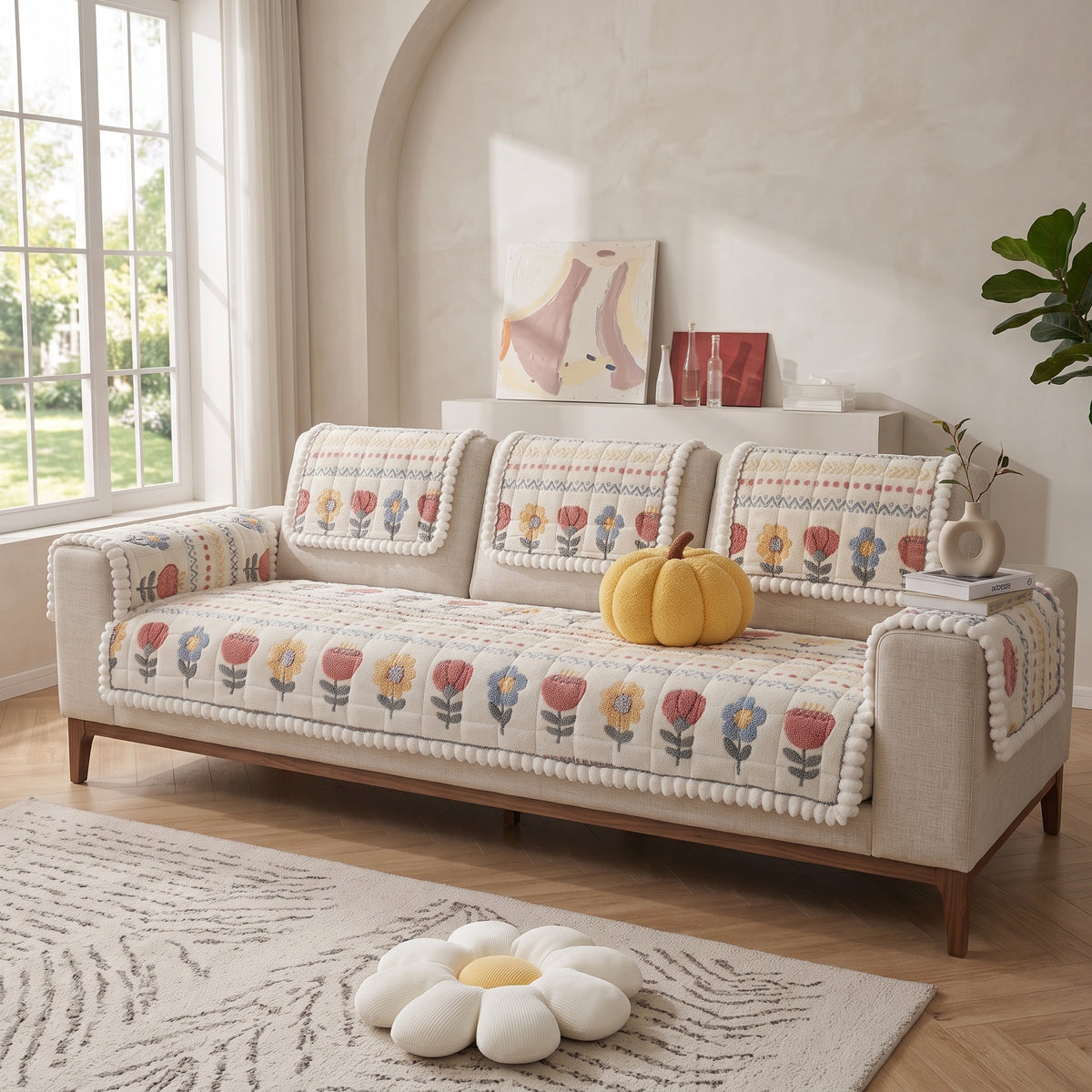 Jacquard Quilted Sofa Protector Cover with Anti-Slip Backing