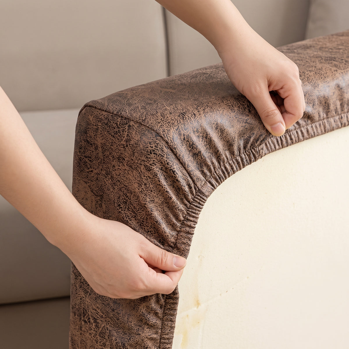Leather-Look Stretch Sofa Cushion Cover with 360° Elastic Fit
