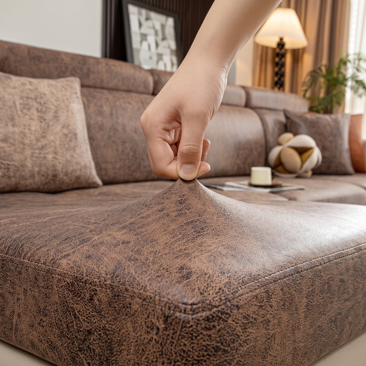 Leather-Look Stretch Sofa Cushion Cover with 360° Elastic Fit
