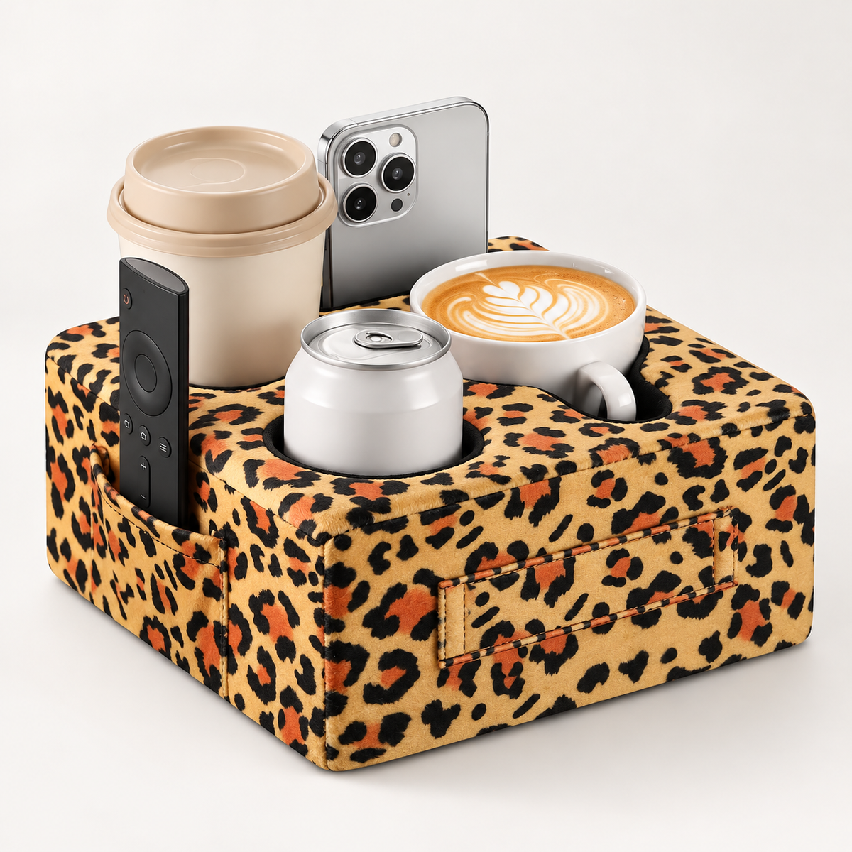 Couch Cup Holder Caddy Pillow with 4-Compartment Organizer & Side Pocket