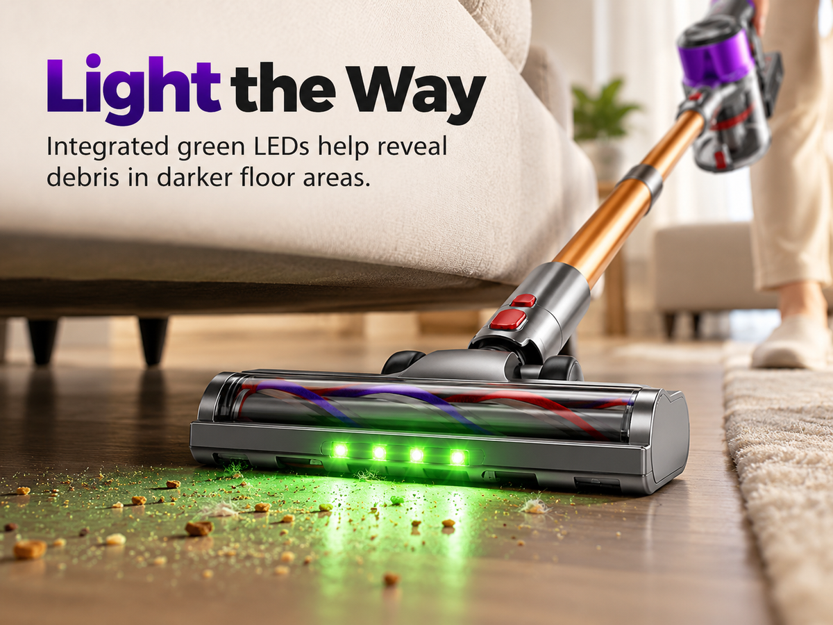 Cordless Stick Vacuum with LED Floor Head & Self-Standing Design (78 kPa)