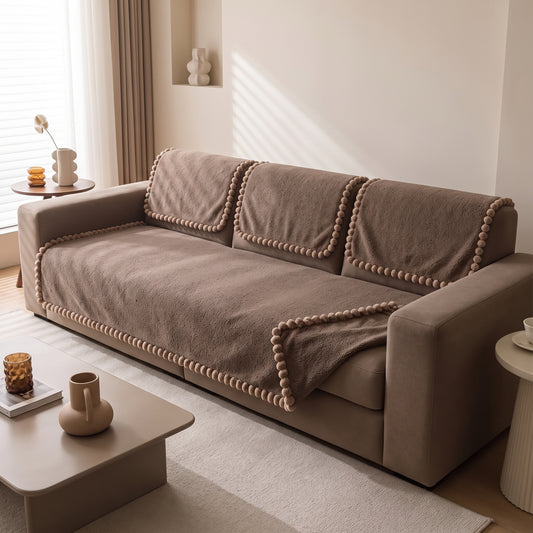 One-Piece Anti-Slip Sofa Cover with Textured Pom-Pom Trim