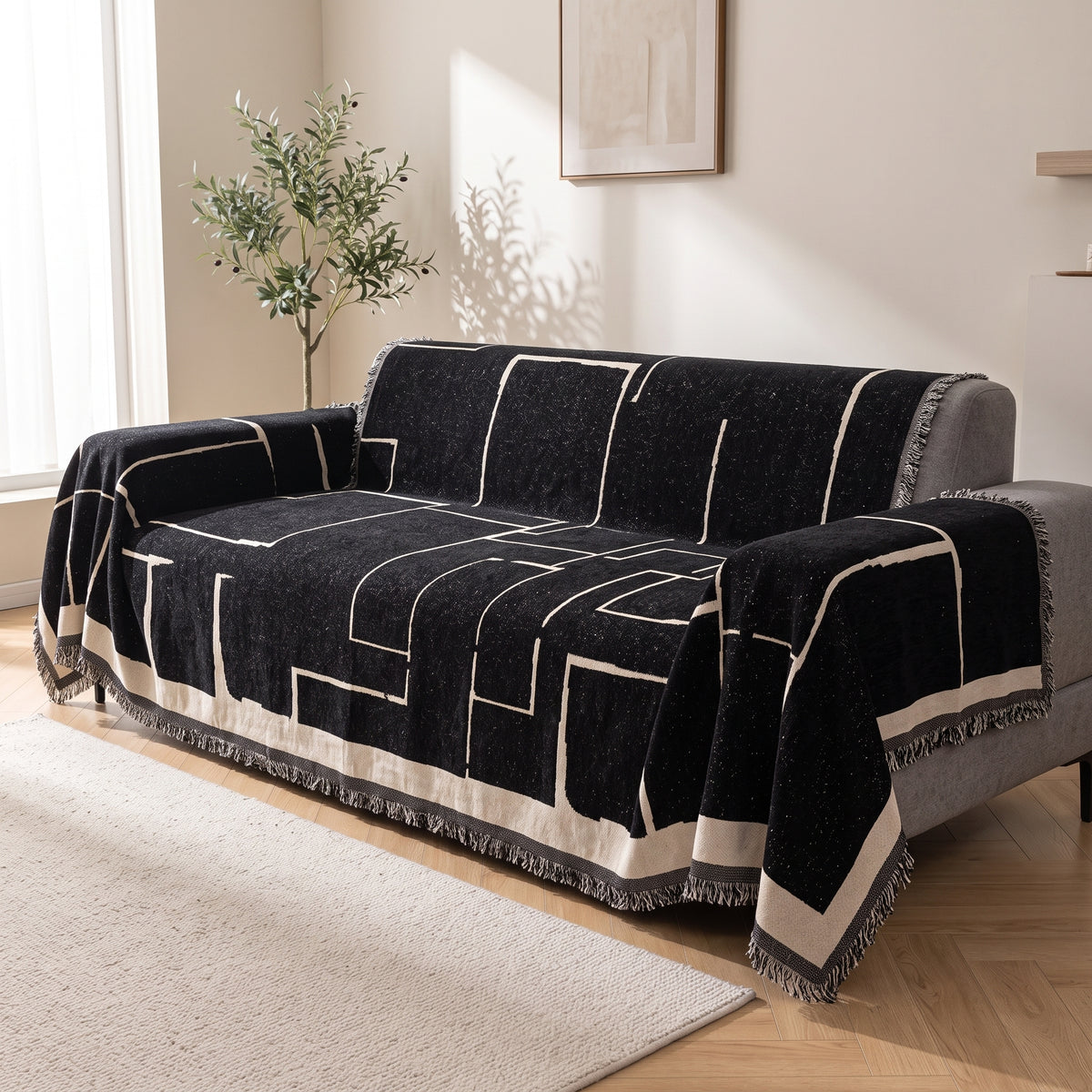 One-Piece Geometric Chenille Sofa Throw Cover with Fringed Edge