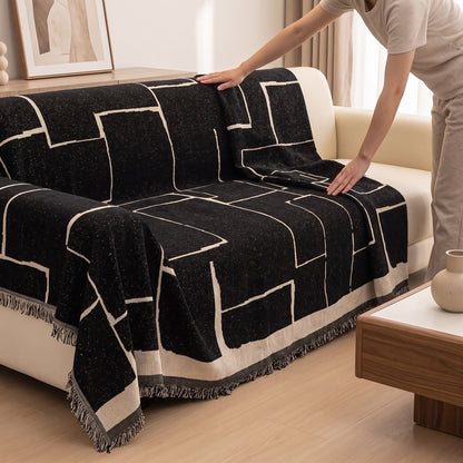 One-Piece Geometric Chenille Sofa Throw Cover with Fringed Edge