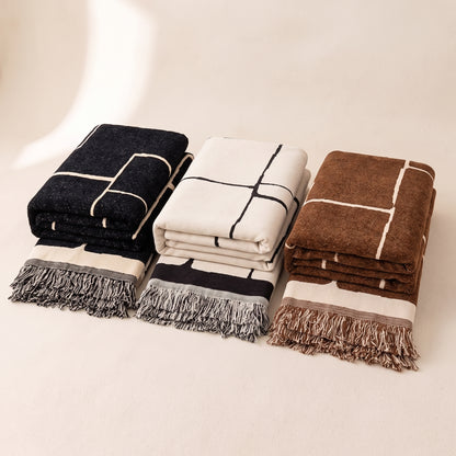 One-Piece Geometric Chenille Sofa Throw Cover with Fringed Edge
