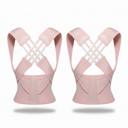 Adjustable posture brace showing cross-strap design