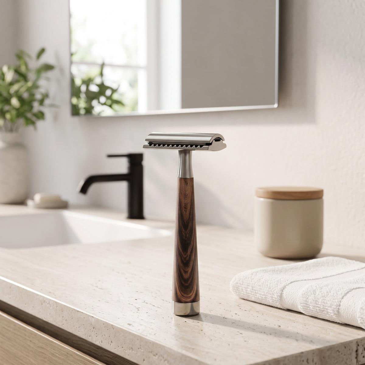 Weighted Double-Edge Safety Razor with Wood-Grain Handle