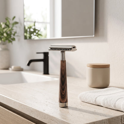 Weighted Double-Edge Safety Razor with Wood-Grain Handle
