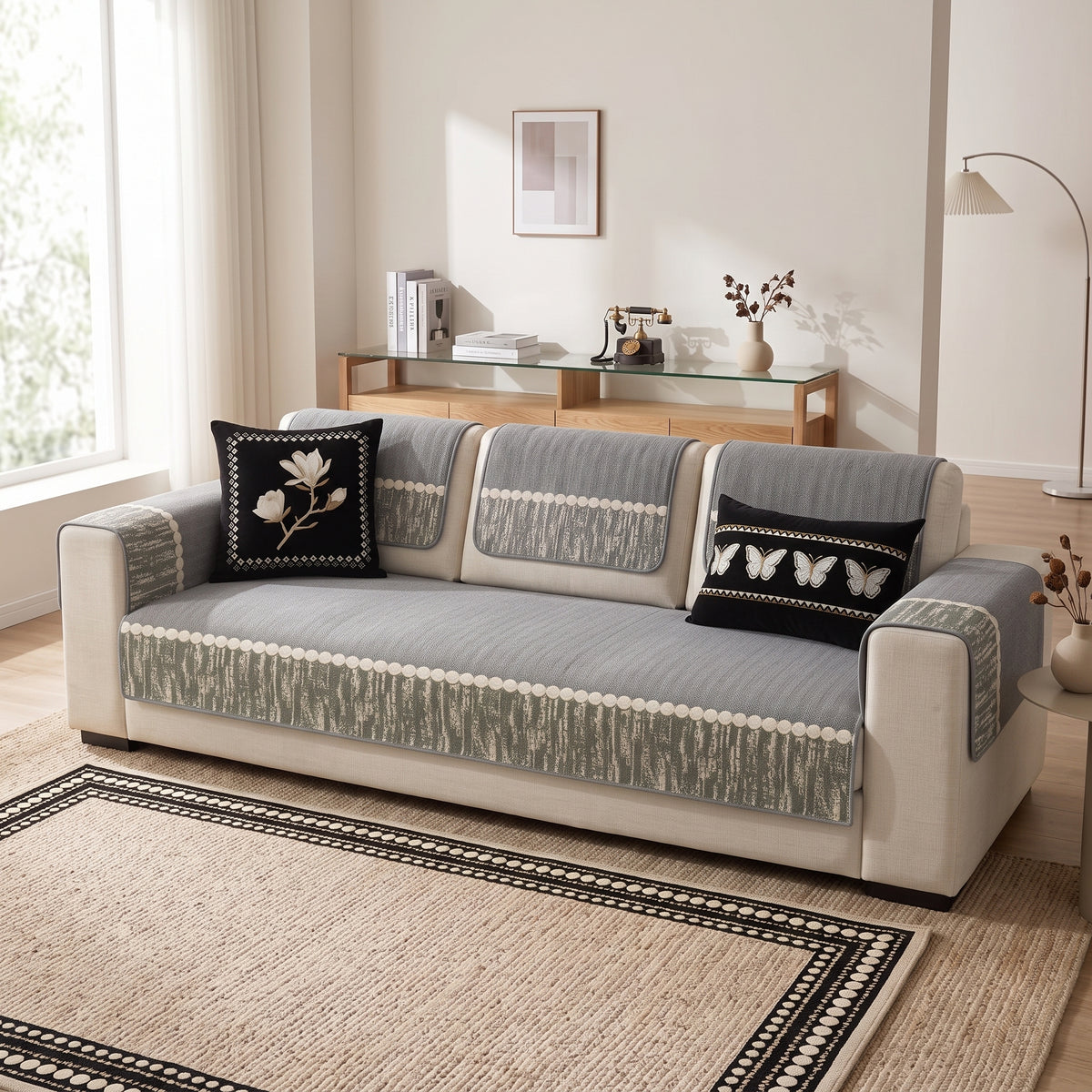 Quilted Non-Slip Modular Sofa Cushion Cover with Woven Border