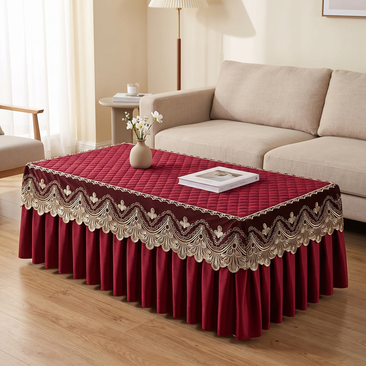 Quilted Velvet Table Cover with Embroidered Lace & Pleated Skirt