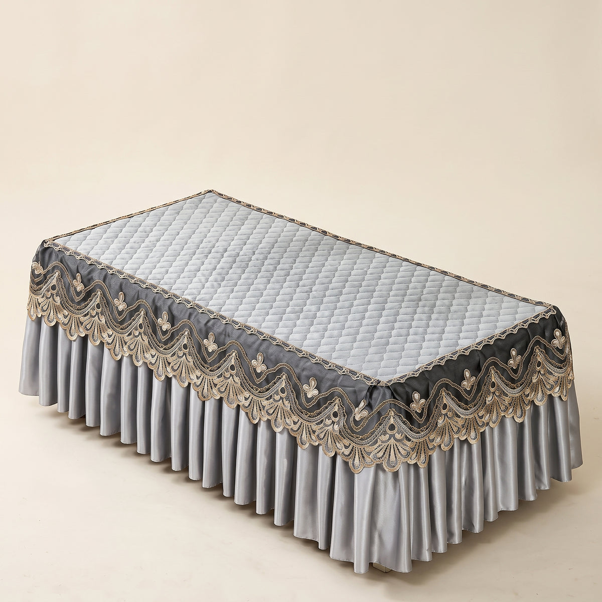 Quilted Velvet Table Cover with Embroidered Lace & Pleated Skirt