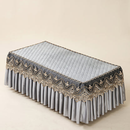 Quilted Velvet Table Cover with Embroidered Lace & Pleated Skirt
