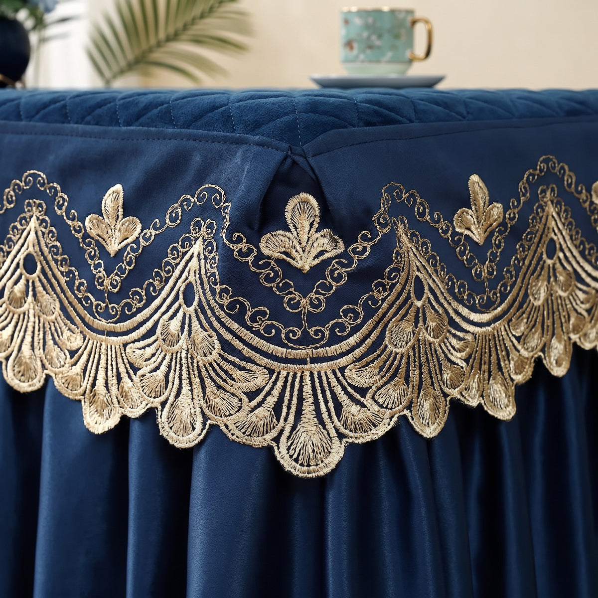 Quilted Velvet Table Cover with Embroidered Lace & Pleated Skirt