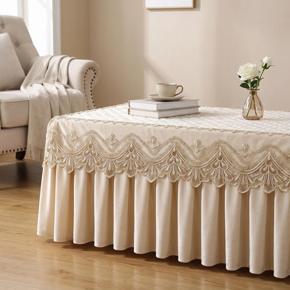 Quilted Velvet Table Cover with Embroidered Lace & Pleated Skirt